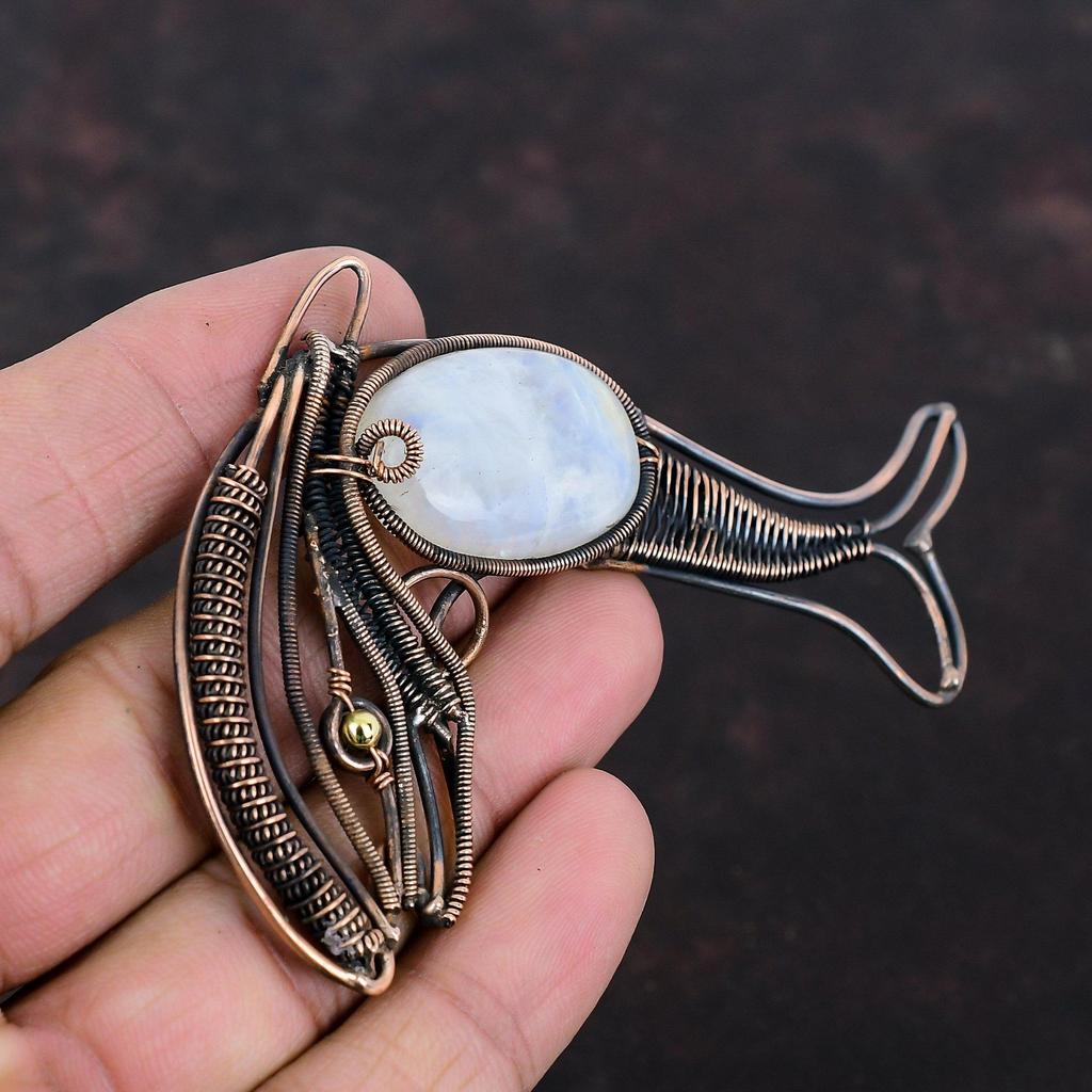 Rainbow Moonstone Pendant Copper Wire Wrapped Gemstone Pendant Fish Jewelry Handmade Pendant Unique Pendant Gift For Her Copper Wire Jewelry