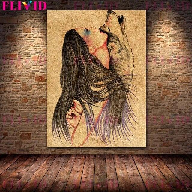 Wolf Woman And And Moon Wicca Vintage Wall Art Canvas Painting Daughters Of The Moon Art Poster And Print Home Decor No Frame
