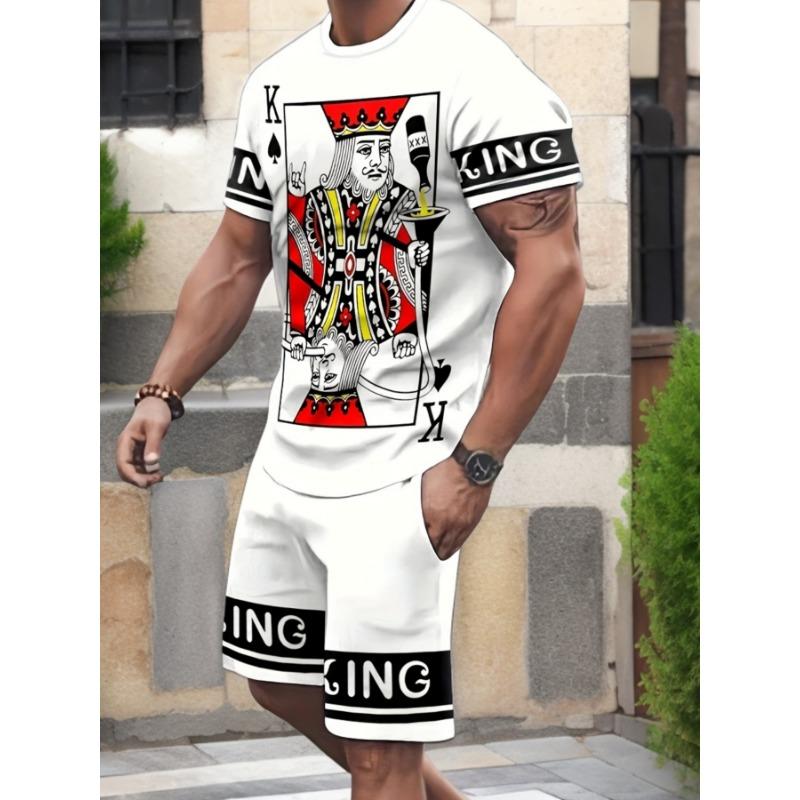 Brand new 2-piece set of men s spring and summer sportswear - Happy King Poker pattern S