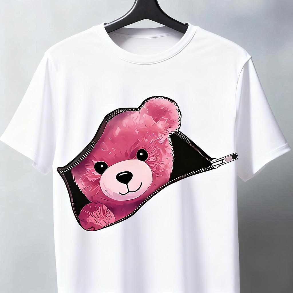 Adorable Bear Zip Pattern Printed Short-sleeved Cotton T-shirt Summer Unisex Men's and Women's Casual Loose Fashion Clothing