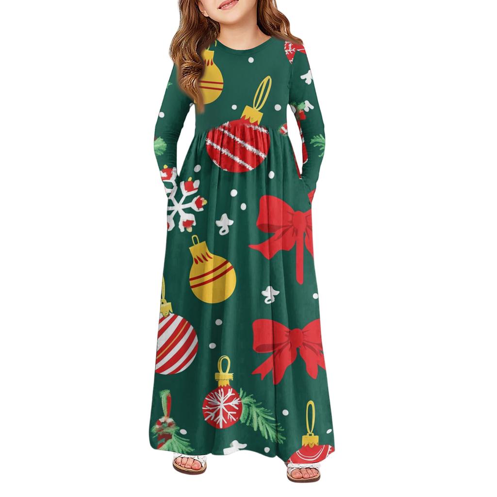 Girls' Maxi Dress - Long Sleeve Pocket Dress Christmas Day