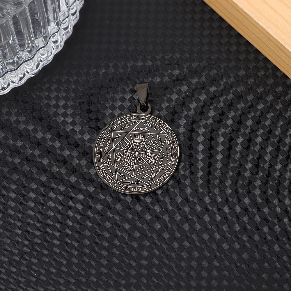 Round Pendant Necklace with Engraved Geometric Rune Pattern Stainless Steel Chain for Everyday Wear and Accessory Use
