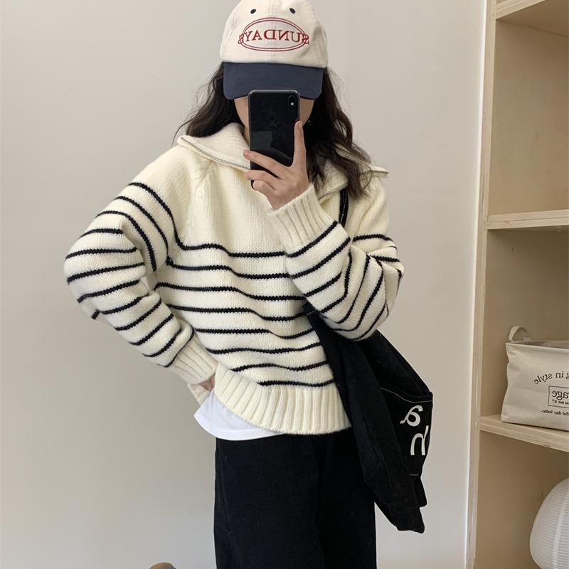 Autumn and Winter Wear Retro Striped Knitted Sweater Women Contrasting Color Half Zipper Lapel Pullover Sweater Women Casual Lazy