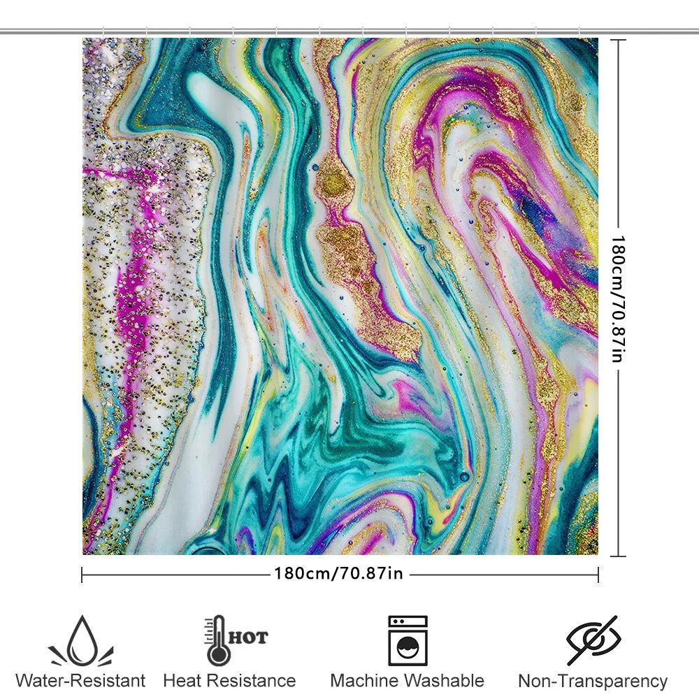 Colorful Shower Curtain With Glitter And Sparkle Marbled Pattern For Bathroom Decorations