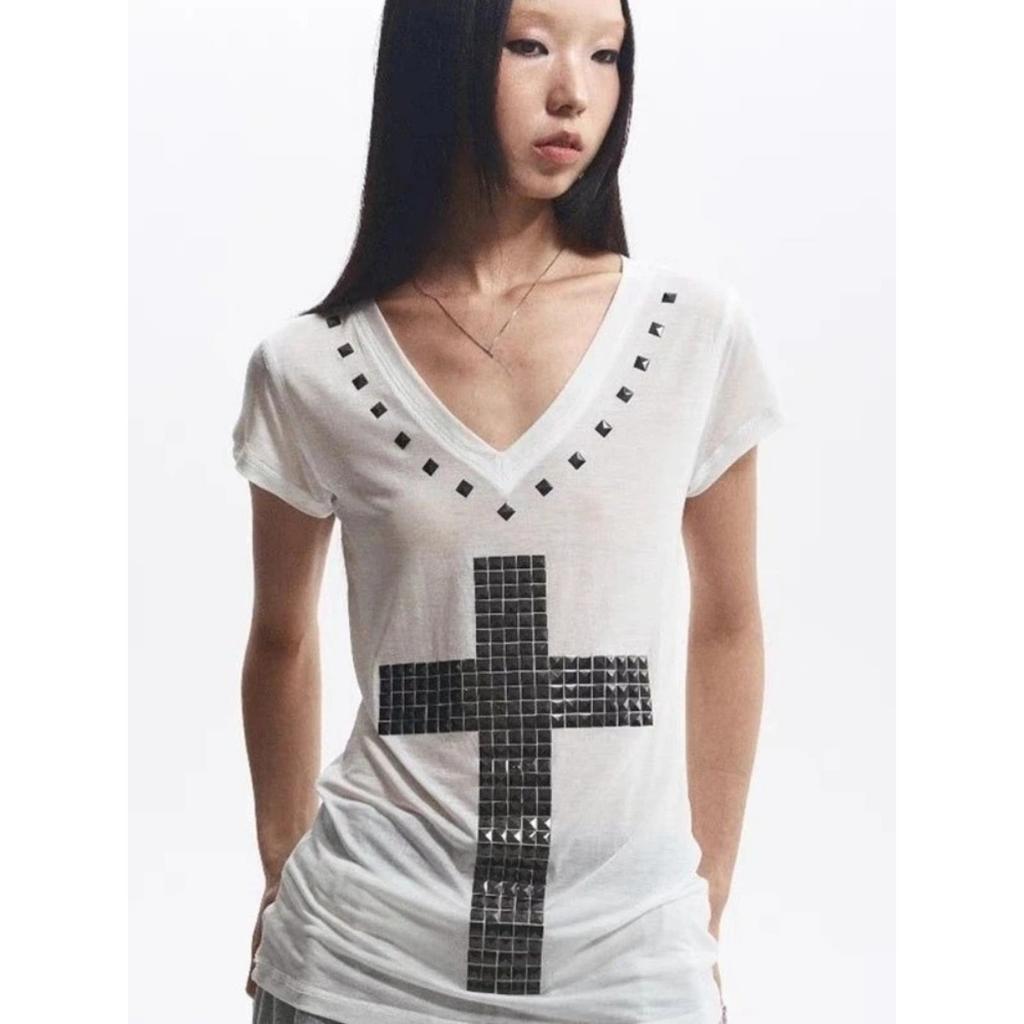 Japonské Y2k Metalový Kříž Potisk Tričko Vintage Harajuku Krátký Rukáv Průhledné Topy Trashy 2000s Výstřih do V Streetwear Grunge