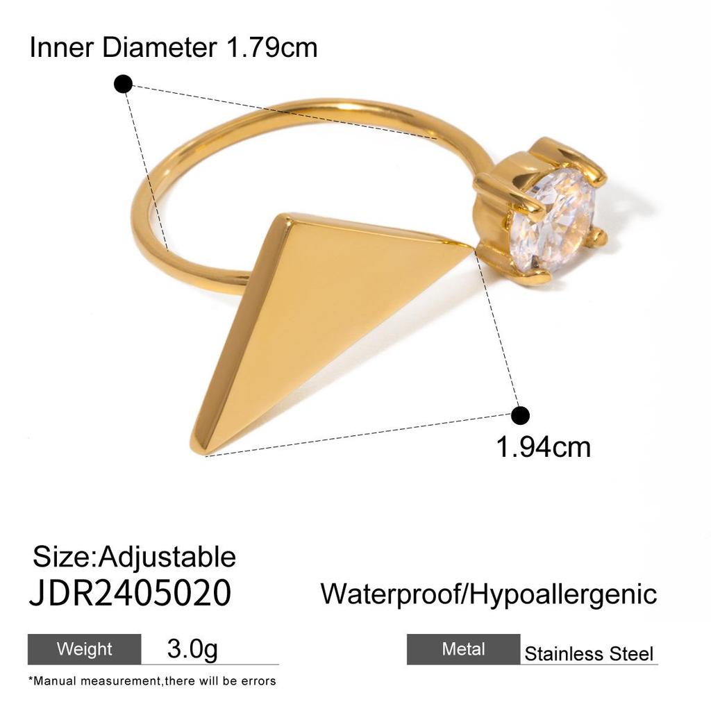 18k Gold Polished Triangle Zircon Open Ring, European & American Style Fashion Jewelry.