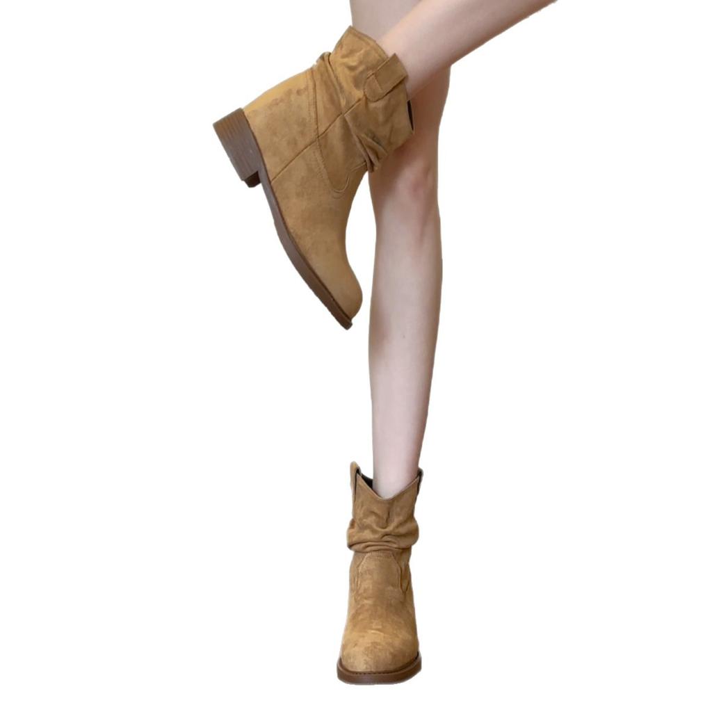 Sheepskin Version~ Sun Qian's Same Pleated Stacking Boots 2025 New Thick-heeled Maillard Mid-tube Western Boots, Thin Boots