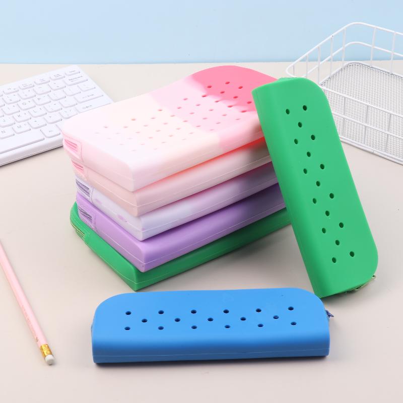 New Stylish Holes Silicone Pencil Case Zipper Soft Pencil Pouch Lightweight Waterproof Stationery Storage Bag Classroom