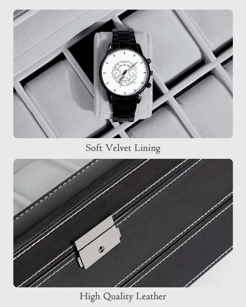 12-Slot Lockable Synthetic Leather Watch Display Box with Lockable Drawers,Double Layer,Heavy-Duty Watch Storage Case