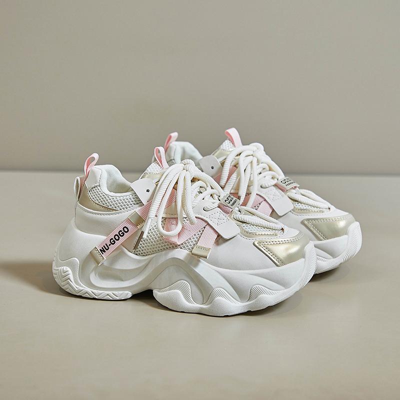 Fashion Women's Net Shoes Fall New Round Head Net Surface Breathable Before Lacing Thick Sole Increase Casual Sports Shoes