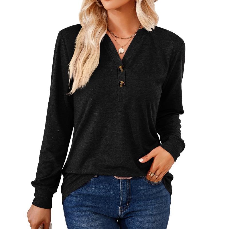 

Women s V-Neck Button Solid Color Loose T-Shirt Top XL