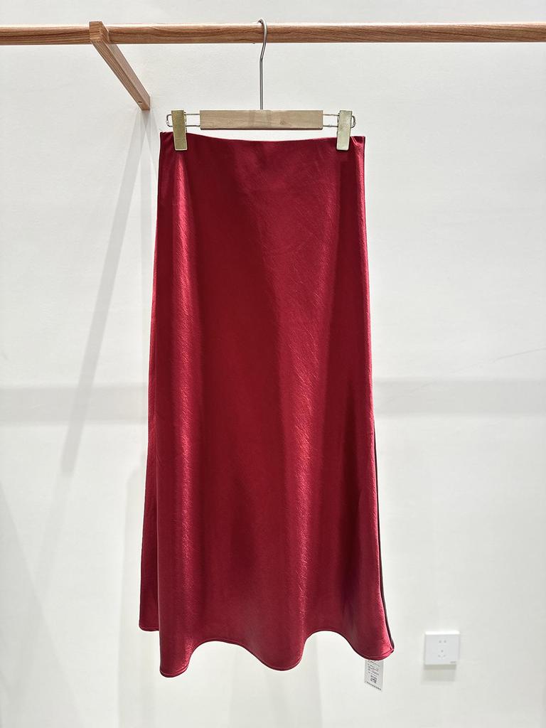 2026 Spring Chinese Style High-Waisted Silky Satin A-Line Maxi Skirt