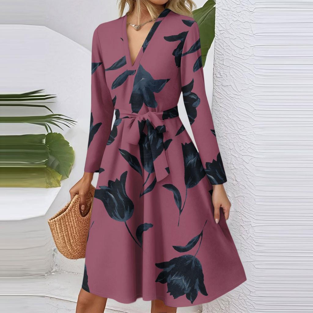 Women's Fashion Casual V-Neck Long Sleeve Waist Floral Print Midi Dress