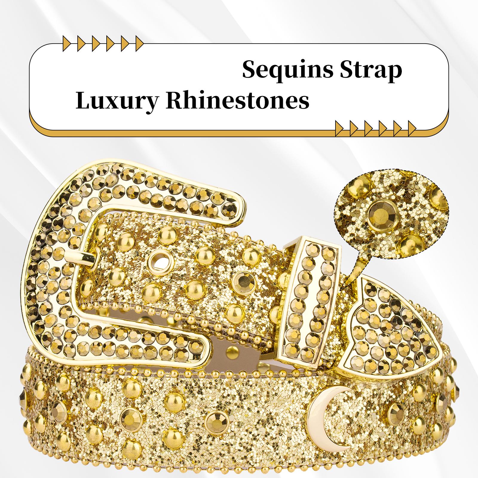 Gold Glitter Rhinestone Western Belt Crystal Studded Wide Waist Belt Luxury Bling Belt for Women Jeans Party