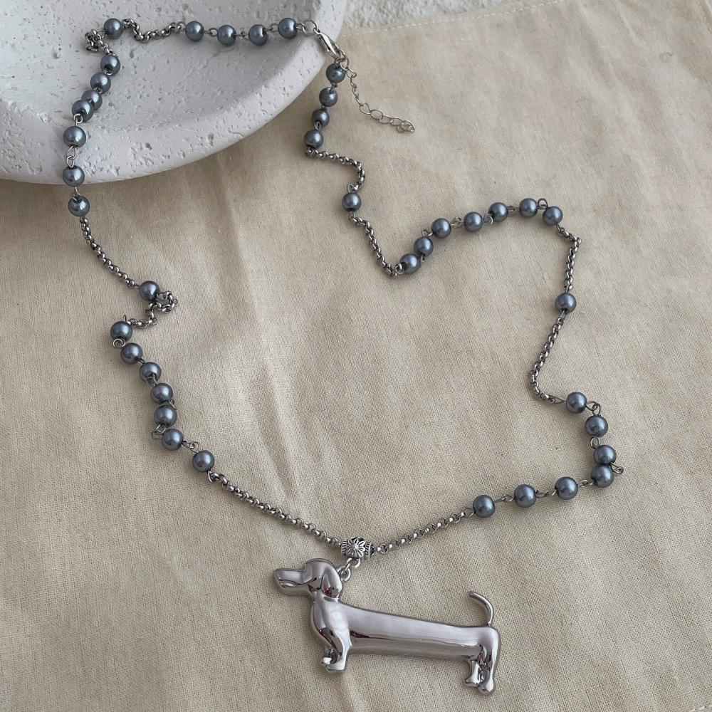 

New Trend Gray Faux Pearl Cute Dachshund Dog Pendant Necklaces Long Double Layer Strand Sweater Chain For Women 80cm
