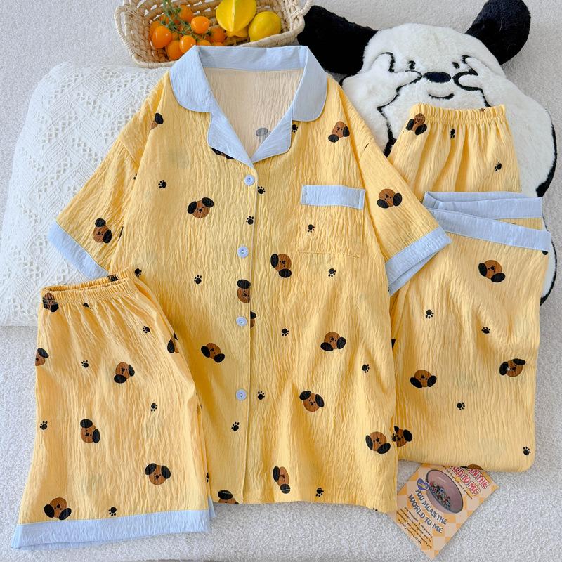 Cream Yellow Contrasting Color Cartoon Puppy Pajamas Women'S Summer Short-Sleeved Loose Loungewear Cloud Cotton Three-Piece Set