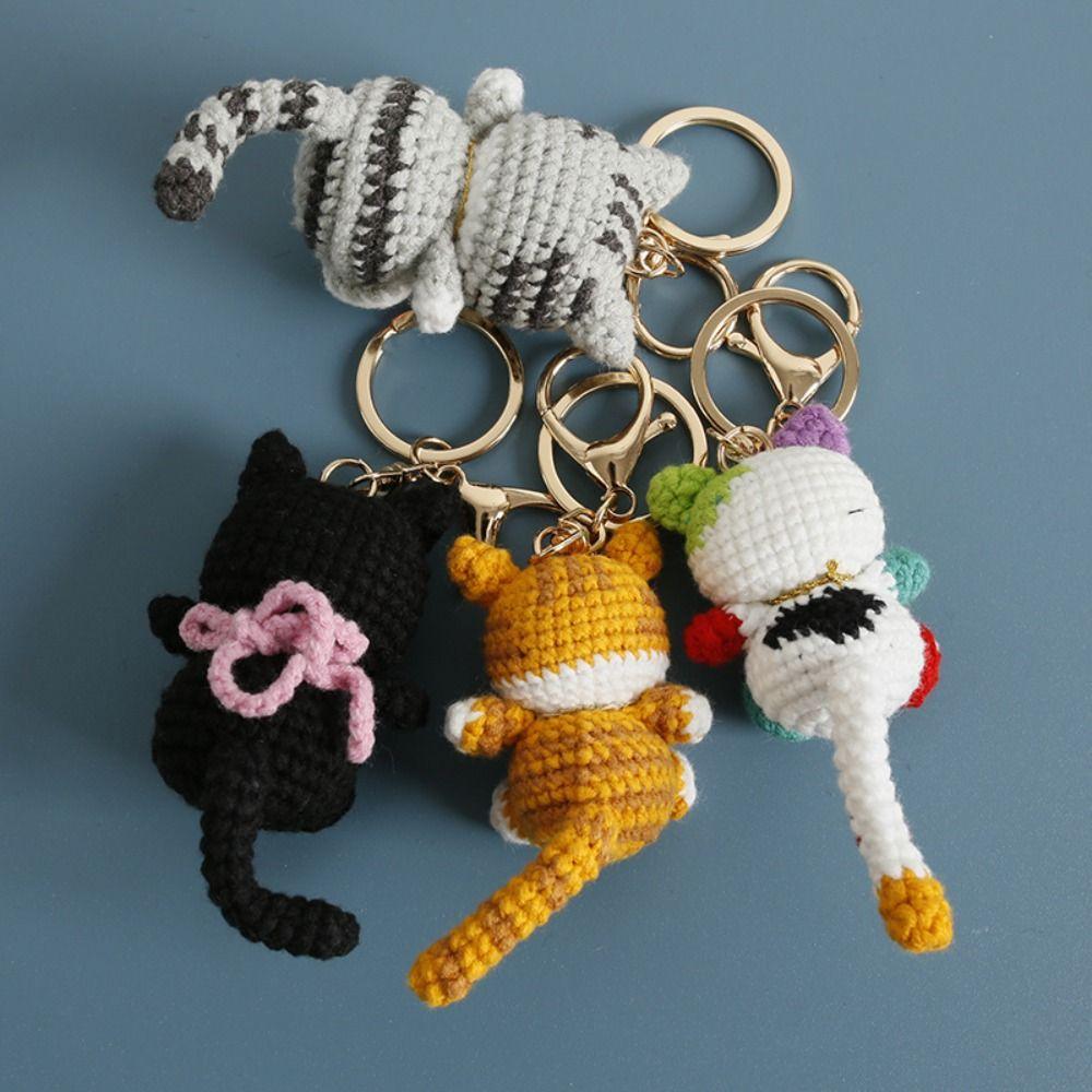 Animal Handwoven Cat Pendant Knitting Doll Cat Key Chain Creative Crochet Kitten Keyrings Backpack