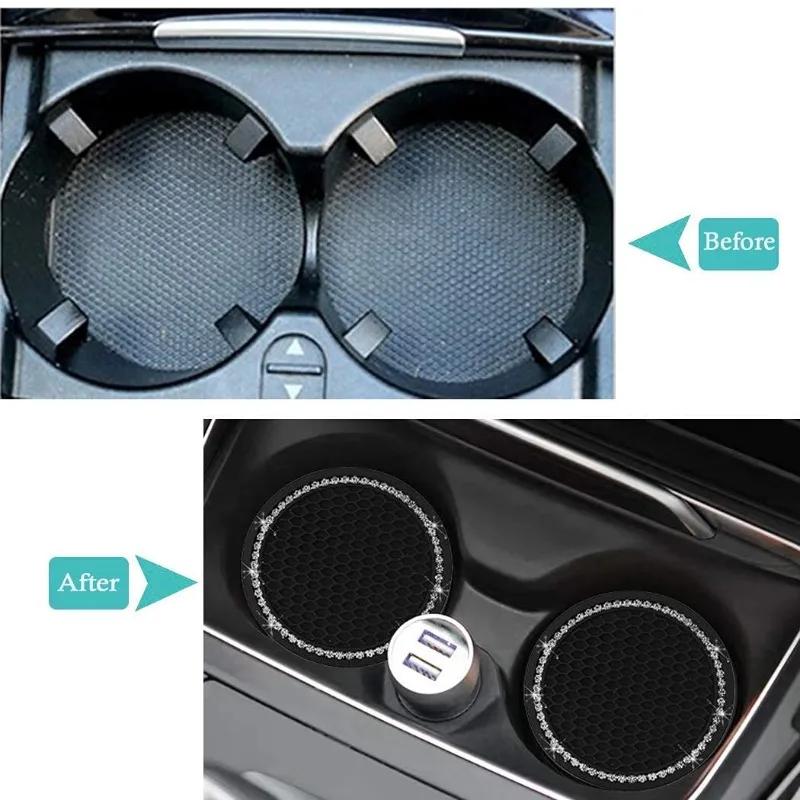 2pcs Car Rhinestone Cup Holder Beverage Mat Interior Anti Slip Mat Round Durable Cup Mat Car Accessories