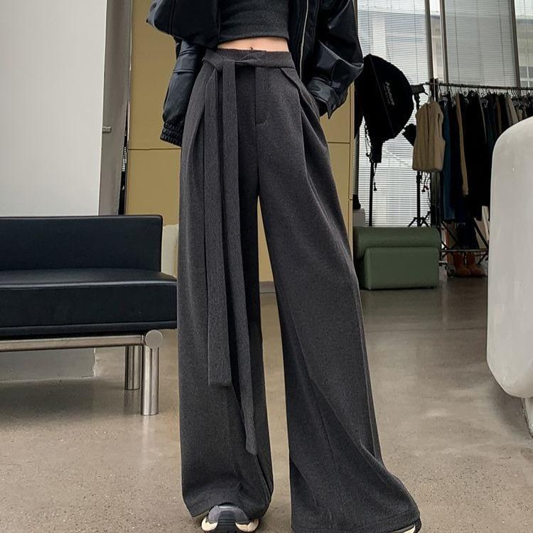 High Waist Wool Trousers Women Loose Casual Wide Leg Winter Tie Waist Design Long Pants