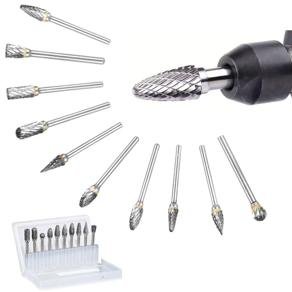 

Carbide Burr Set Compatible with Dremel 1/8 Shank 10PCS Die Grinder Rotary Tool Rasp Bits Accessories for Woodworking Drilling 3.175mm