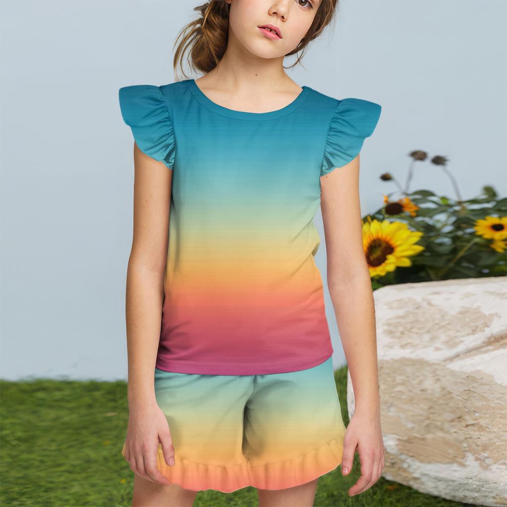 Summer Girls Cute Suit Flying Sleeves T-shirt Top + Ruffled Shorts Daily Outdoor Wear Cute Casual Fashion 2-Piece Set