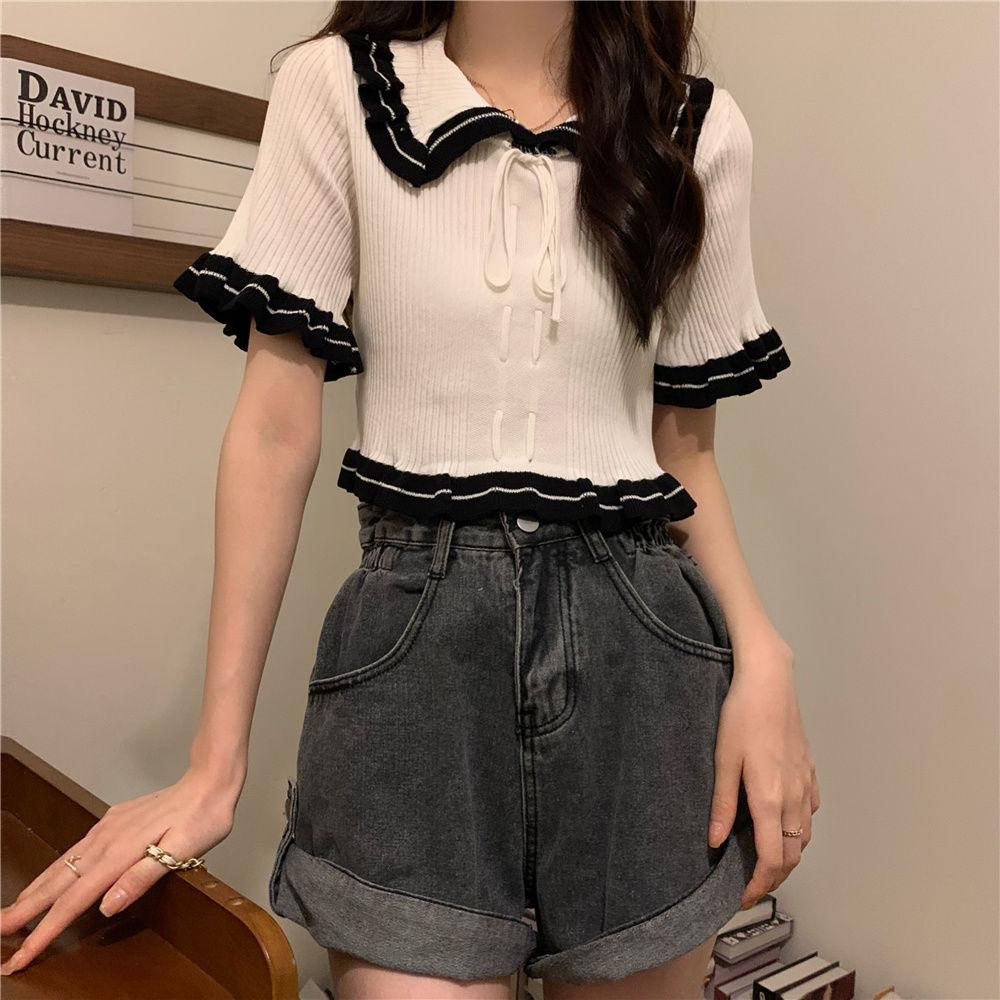 Design Sense Niche Rüschenrand Puppenhals Strickhemd Kurzarm T-Shirt Damen Sommer Einzigartiges French Chic Kurzes Top