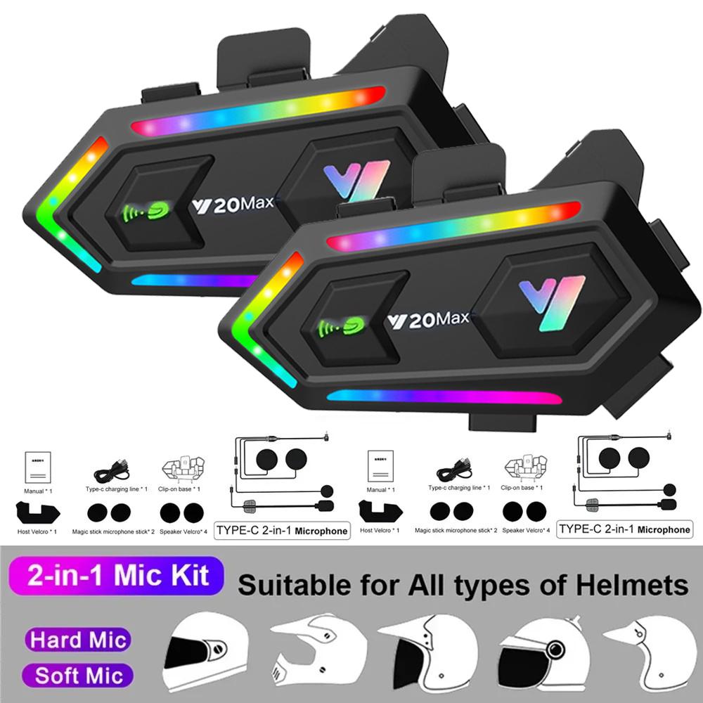 Y20 MAX Motorcycle Helmet Bluetooth Headset Intercom With Mixing V5.3 IPX6 Waterproof RGB Colorful Light Effect 1000mAh Battery