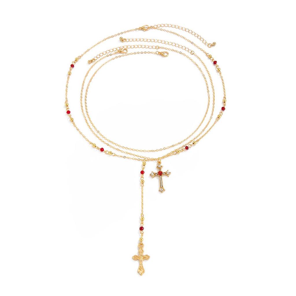 Strasskreuz & Blume Kristall Halsketten Set - Kupferbeschichtete Eisenkette, 3 Teile