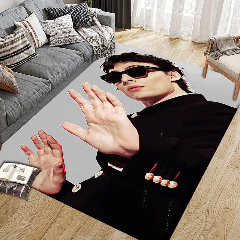 Finn Wolfhard Flannel Printed Carpet, Home Sofa Decoration for Living Room & Bedroom, Non‑Slip Play Flannel Floor Mat for Game Room