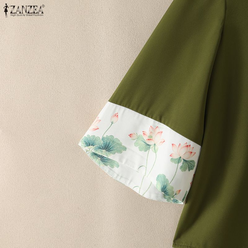 ZANZEA Women Elegant Casual V-Neck Pring Splice 3/4 Sleeve Loose Blouse