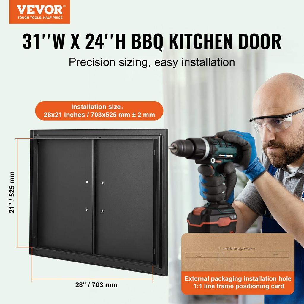 BBQ Access Door, 788x610 Mm Double Outdoor Kitchen Door, Cold Plate Flush Mount Door, Wall Vertical Door with Handles, for BBQ Island, Grilling