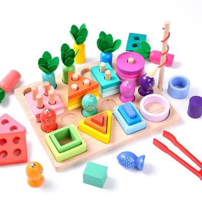 Wooden Geometric Matching Board Children's Educational Early Education Hand-Eye Coordination Pulling Radish Magnetic Fishing Set Post Toy