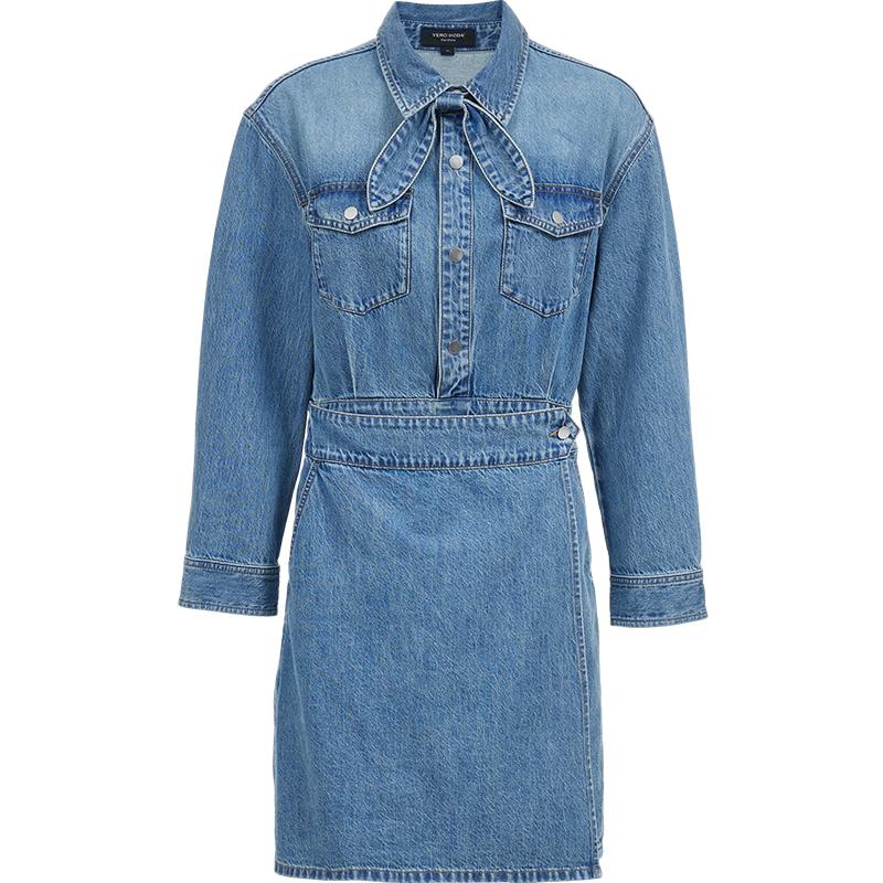 VEROMODA 2026 Autumn Detachable Bow Collar Washed Denim Dress M джинсовый синий