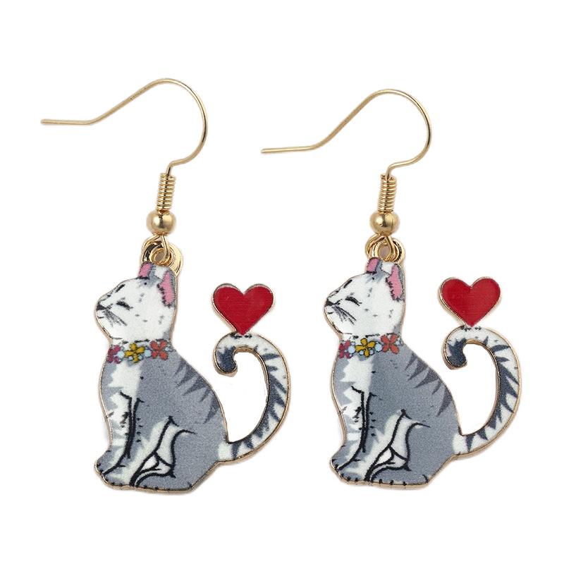 Fashion Cartoon Oil-dripping Printed Animal Cat Heart-shaped Dangle Earrings for Women Cute Kitten Jewelry Accessories Gifts