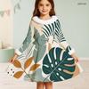 Girls High Neck Long Sleeve Leaf Printed A Line Flared Dress With Furry Trim And Bow
