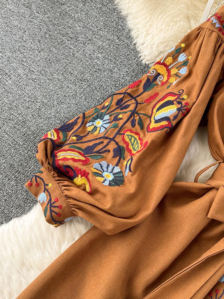 Damen Frühling Herbst Kleid Vintage Ethno Stil Laterne Langarm Bestickt Rundhals Slim A-Linie Baumwolle Leinen Kleid D4930