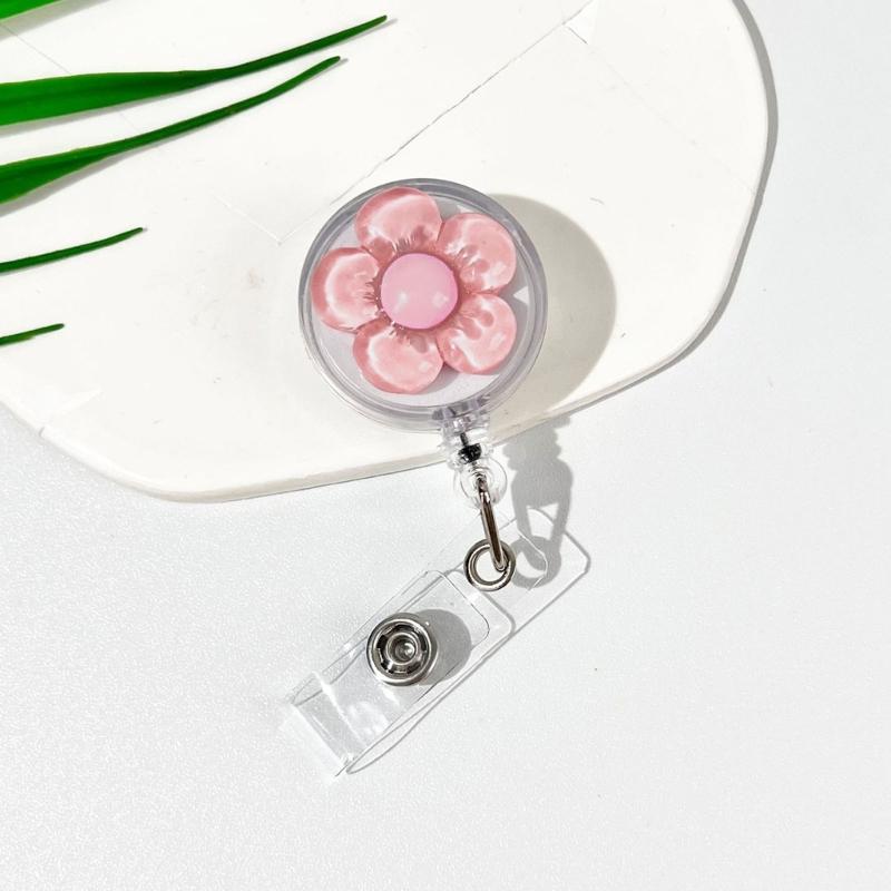 Auto Retractable Badge Reel With Flower Pattern Stretchable Back Clip For Work Identity Badge Holder Office School Use