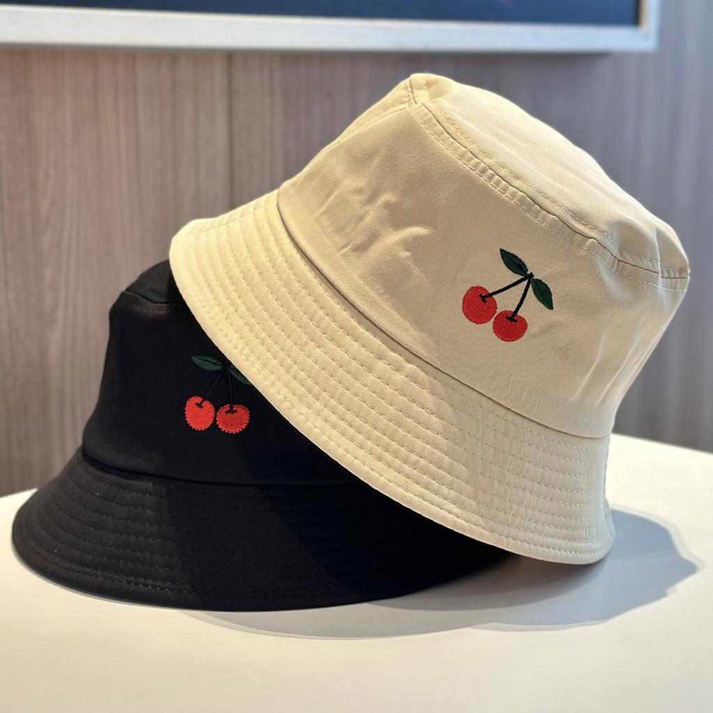 Solid Color Bucket Hat for Women Summer Cotton Cherry Embroidery Sunshade Fisherman Cap Girls Casual Dome Basin Hat