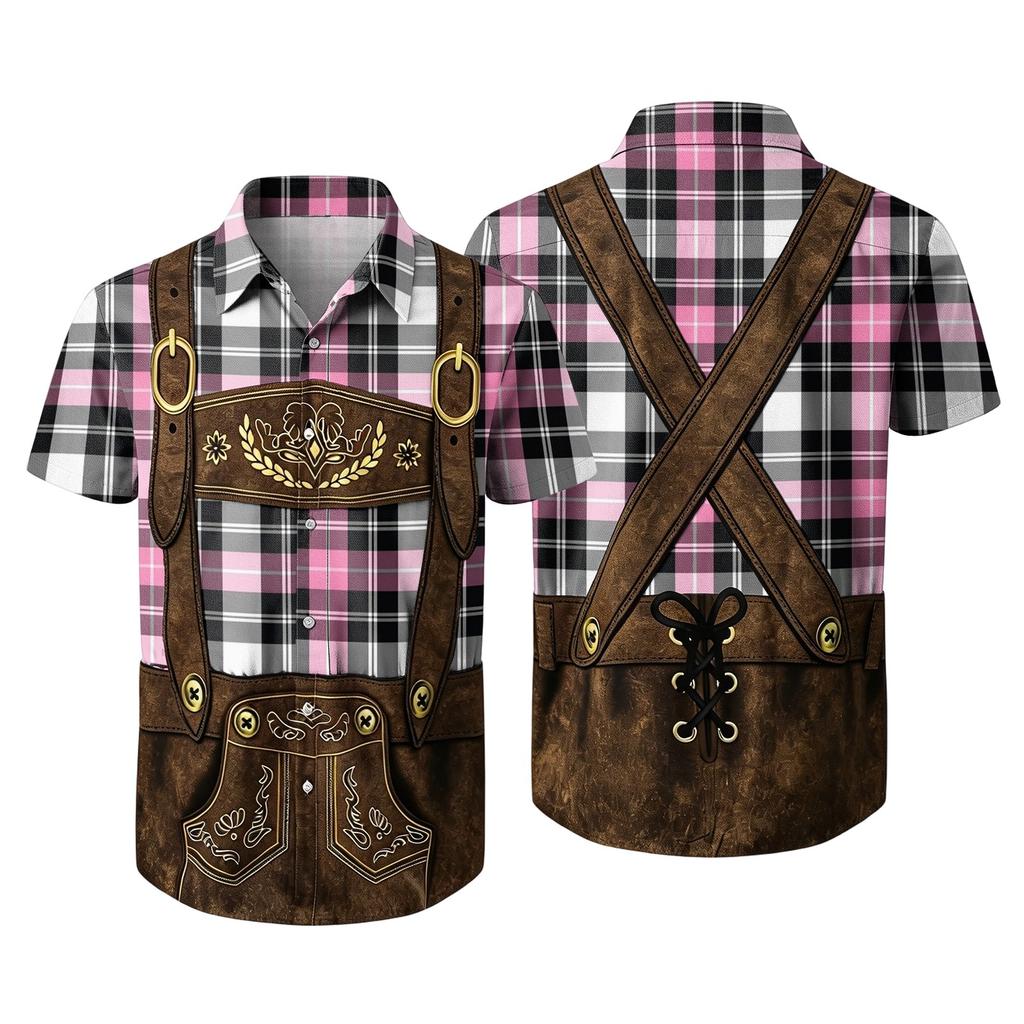 Men’s Short Sleeve Button Down Shirt with Vintage Festival Inspired Print Relaxed Fit Casual Party and Everyday Top
