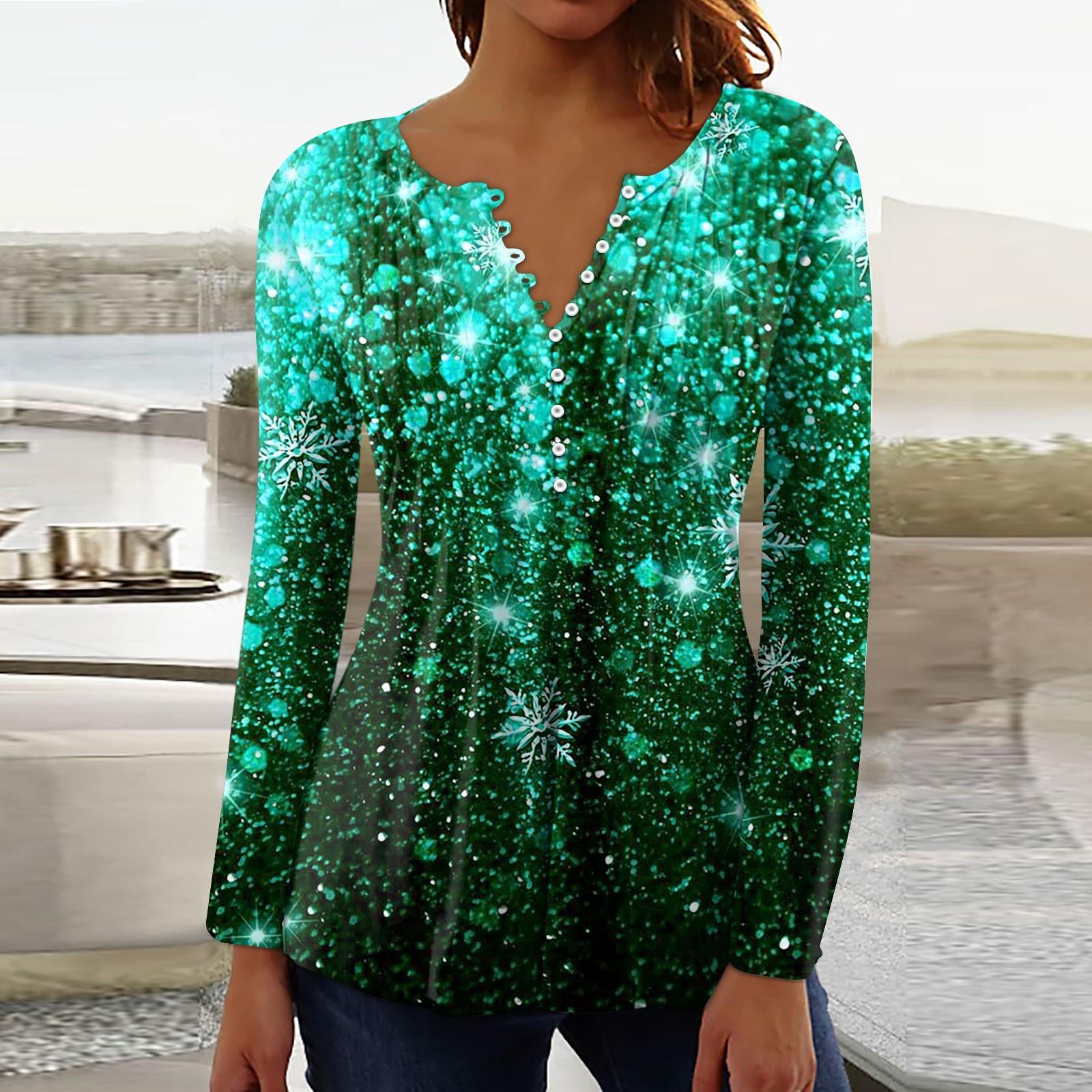 

Женские воротники на пуговицах с принтом Длинные рукава с принтом Праздничная базовая туника Тонкие топы Рождественские этнические топы с принтом Футболки Пуловеры с V-образным вырезом L зелёный