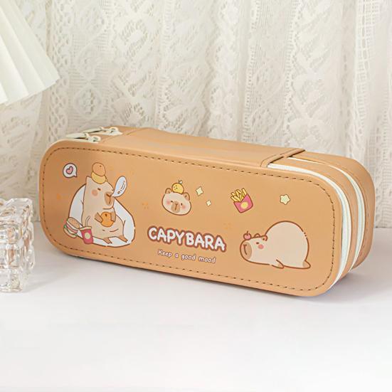 Dual-Layer Pencil Case Faux Leather Cute Stationery Bag Large Capacity Portable Pen Pouch for School Office Supplies