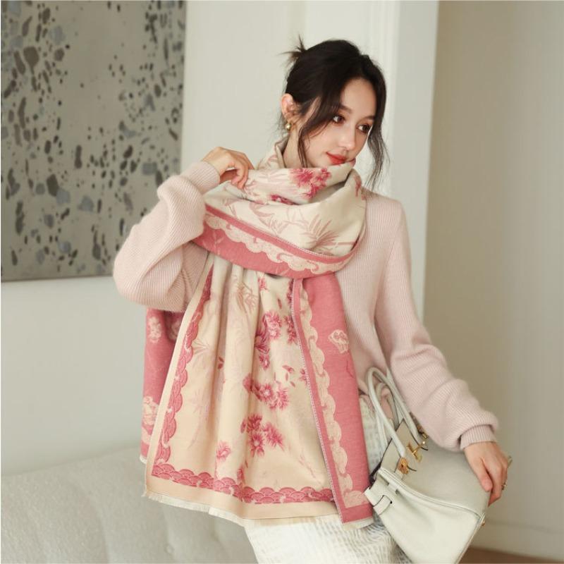 Literary imitation cashmere scarf women's autumn and winter new bamboo field flower jacquard shawl versatile simple warm scarf