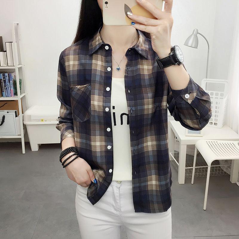 2025 Women's Korean Style Plaid Slimming Shirt - Casual Long Sleeve Print for Spring & Autumn Students