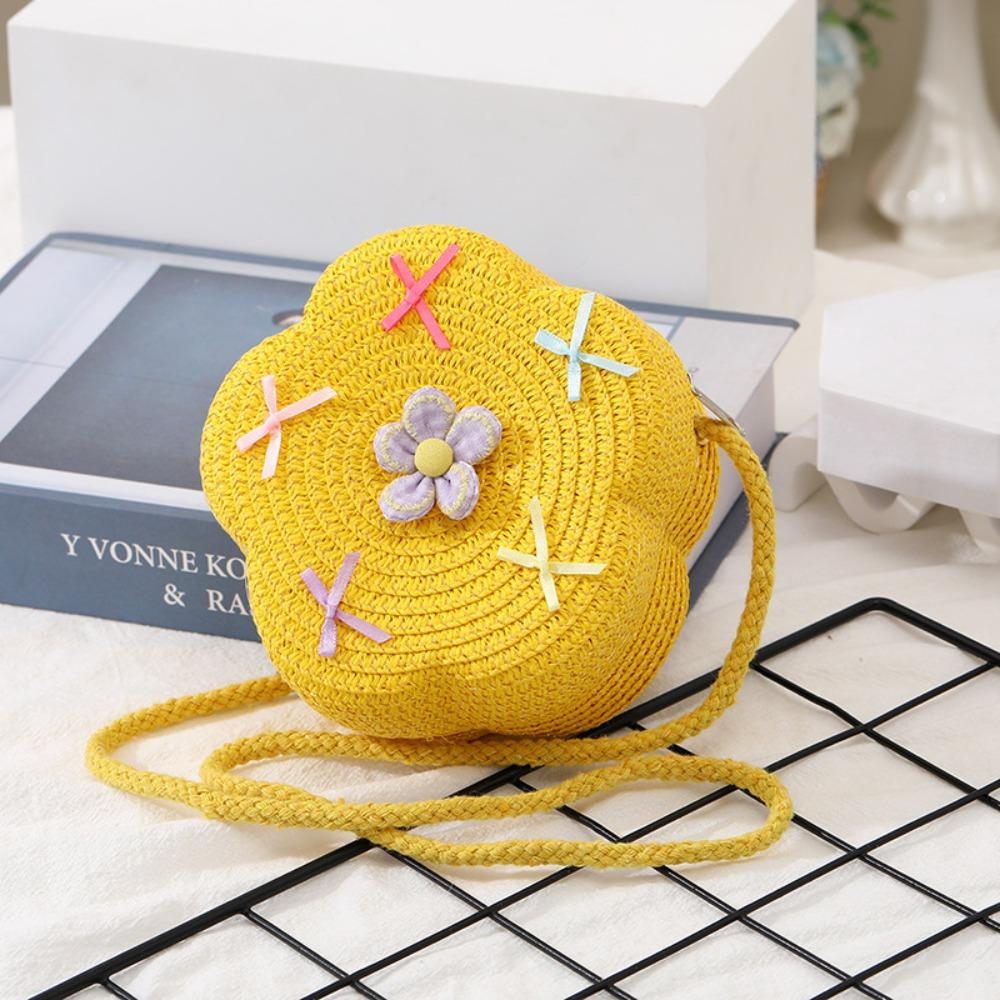 Cute Children Girls Shoulder Bag Flower Bow Handmade Straw Baby Bags Messenger Bag Kids Keys Coin Purse Cute Mini