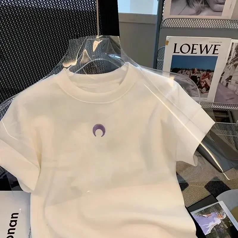

Women s White Moon Print Short Sleeve T-Shirt Summer Casual Round Neck Basic Tee Niche Fashionable and Versatile XS білий