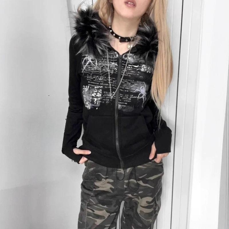 Y2K European and American millennial style hot stamping retro autumn and winter women's zipper slimming hooded sweatshirt