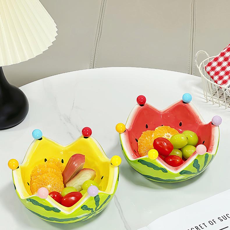 Creative Crown Watermelon Ceramic Fruit Bowl, Cute Salad Dessert Bowl with Fruit Fork for Home Use