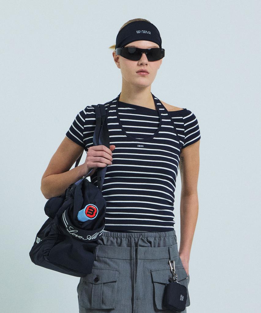 GROVE Sera Stripe Off-Shoulder T-Shirt (Navy)