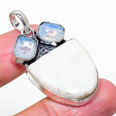 Φυσικός Σκολεσίτης, Οπάλιος πολύτιμος λίθος 925 Ασήμι Στερλίνα Δώρο Μενταγιόν 1.85" J1s89