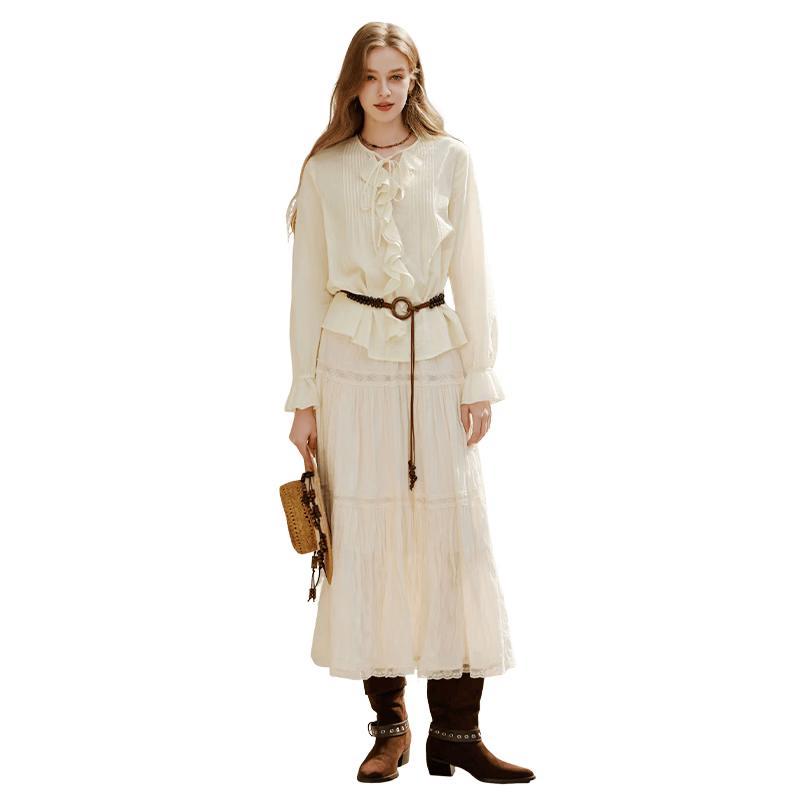 

Xiangying French V-Neck Ruffle Long Sleeve Shirt for Women L